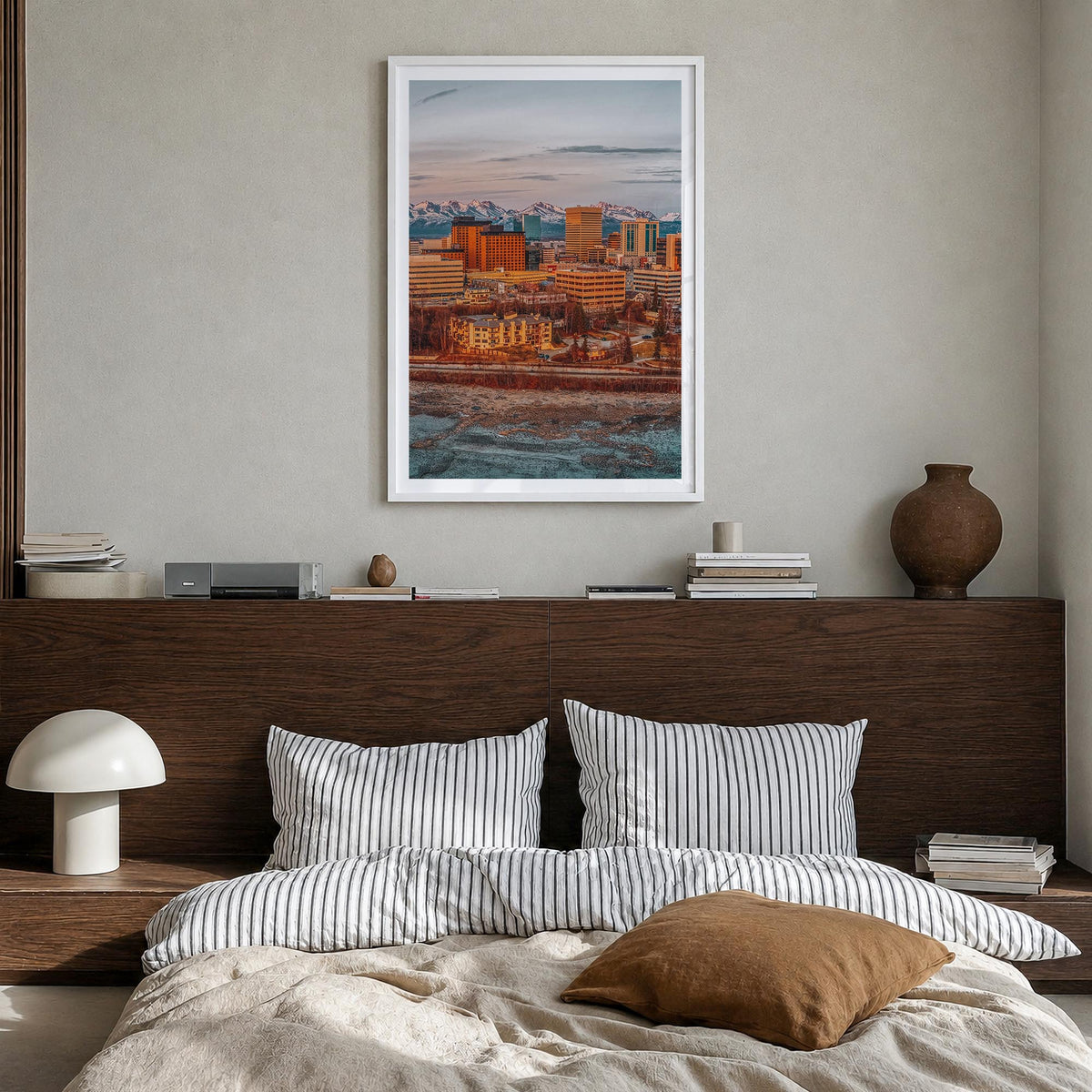 Anchorage colorful photo poster of Alaska, USA – vertical wall art in white wood frame with white border, hanging on wall