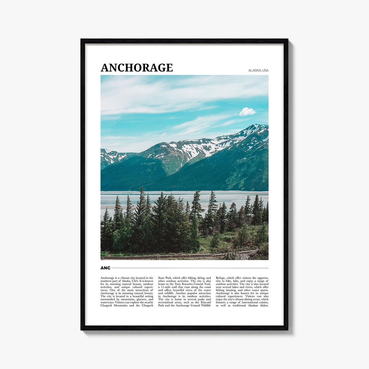 Anchorage colorful travel poster of Alaska, USA – vertical wall art, unframed print shown in interior mockup