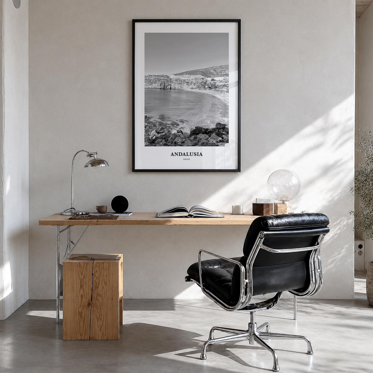 Andalusia no. 1 black & white classic poster of Spain – vertical wall art in black wood frame, hanging on wall