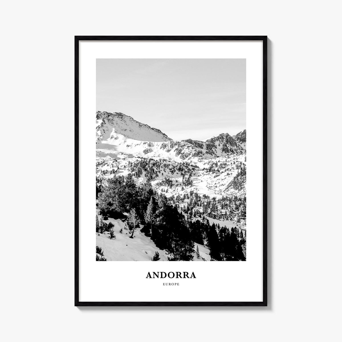 Andorra black & white classic poster of Europe – vertical wall art, unframed print shown in interior mockup