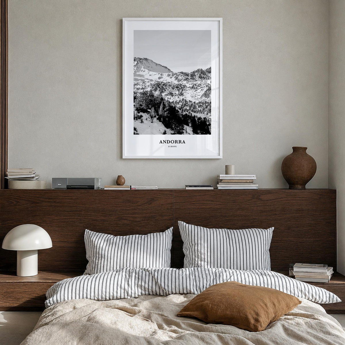 Andorra black & white classic poster of Europe – vertical wall art in white wood frame, hanging on wall