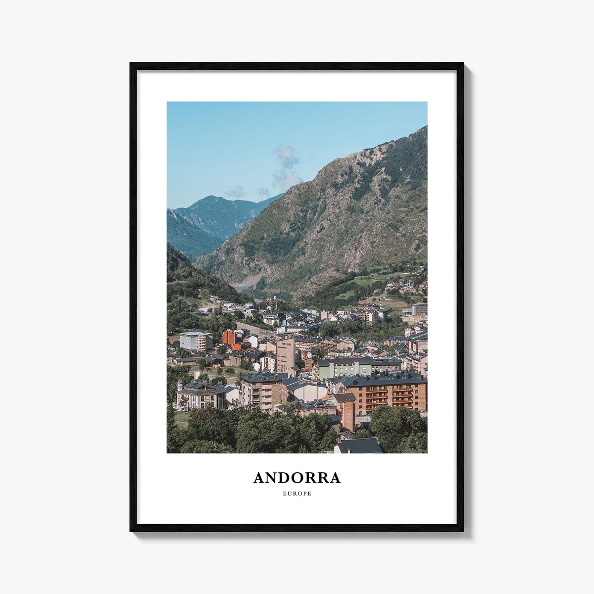 Andorra colorful classic poster of Europe – vertical wall art, unframed print shown in interior mockup