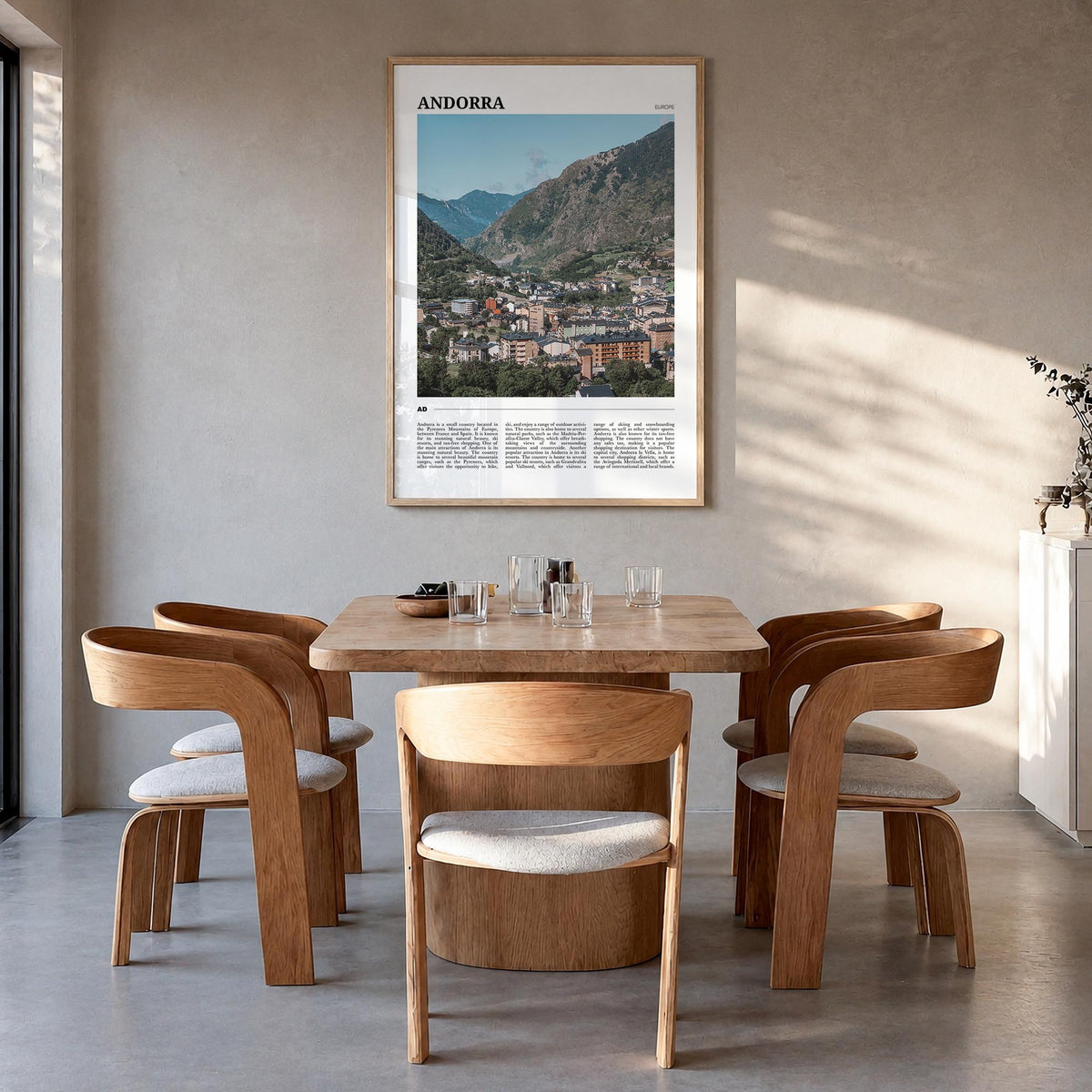 Andorra colorful travel poster of Europe – vertical wall art in natural wood frame, hanging on wall