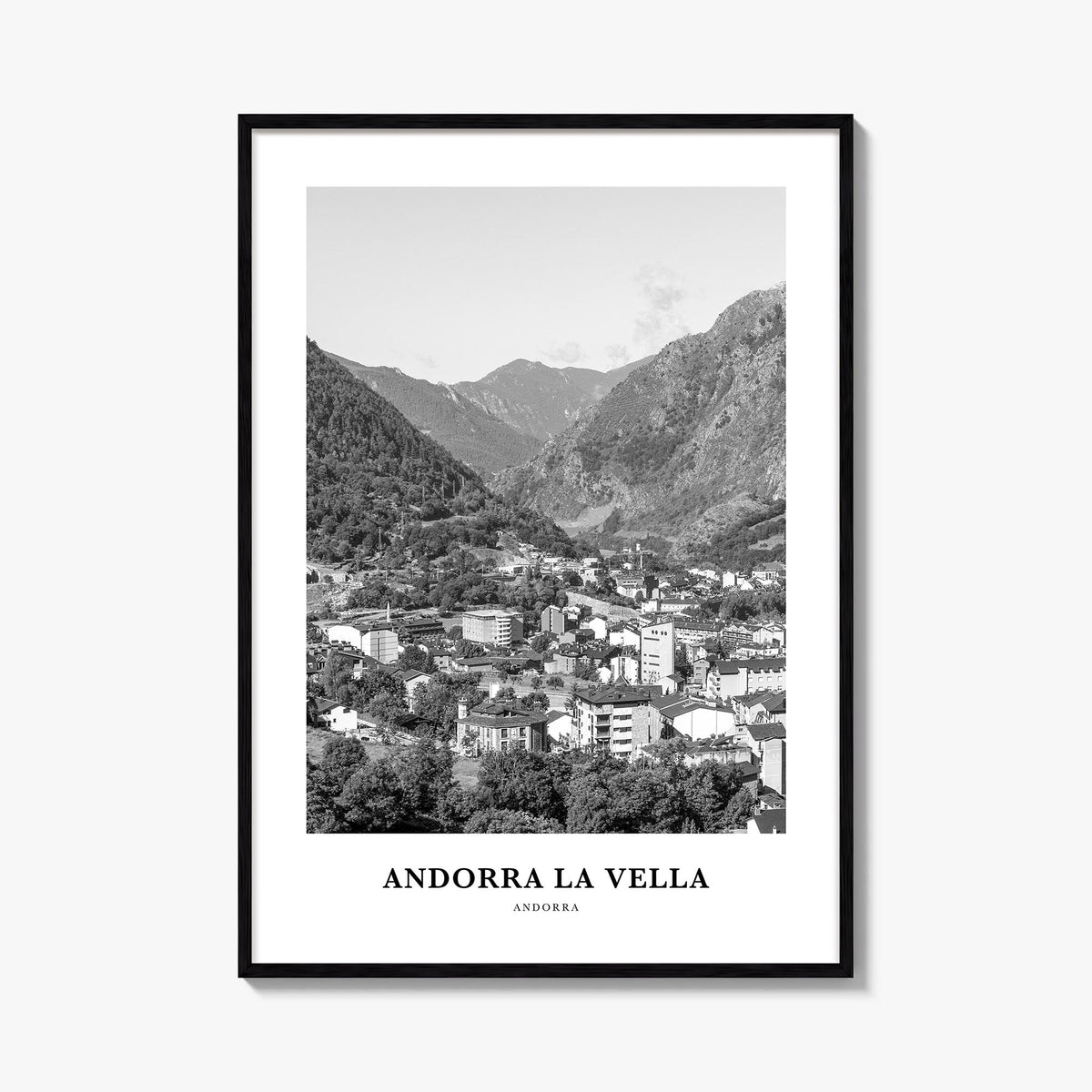 Andorra la Vella black & white classic poster of Andorra – vertical wall art, unframed print shown in interior mockup