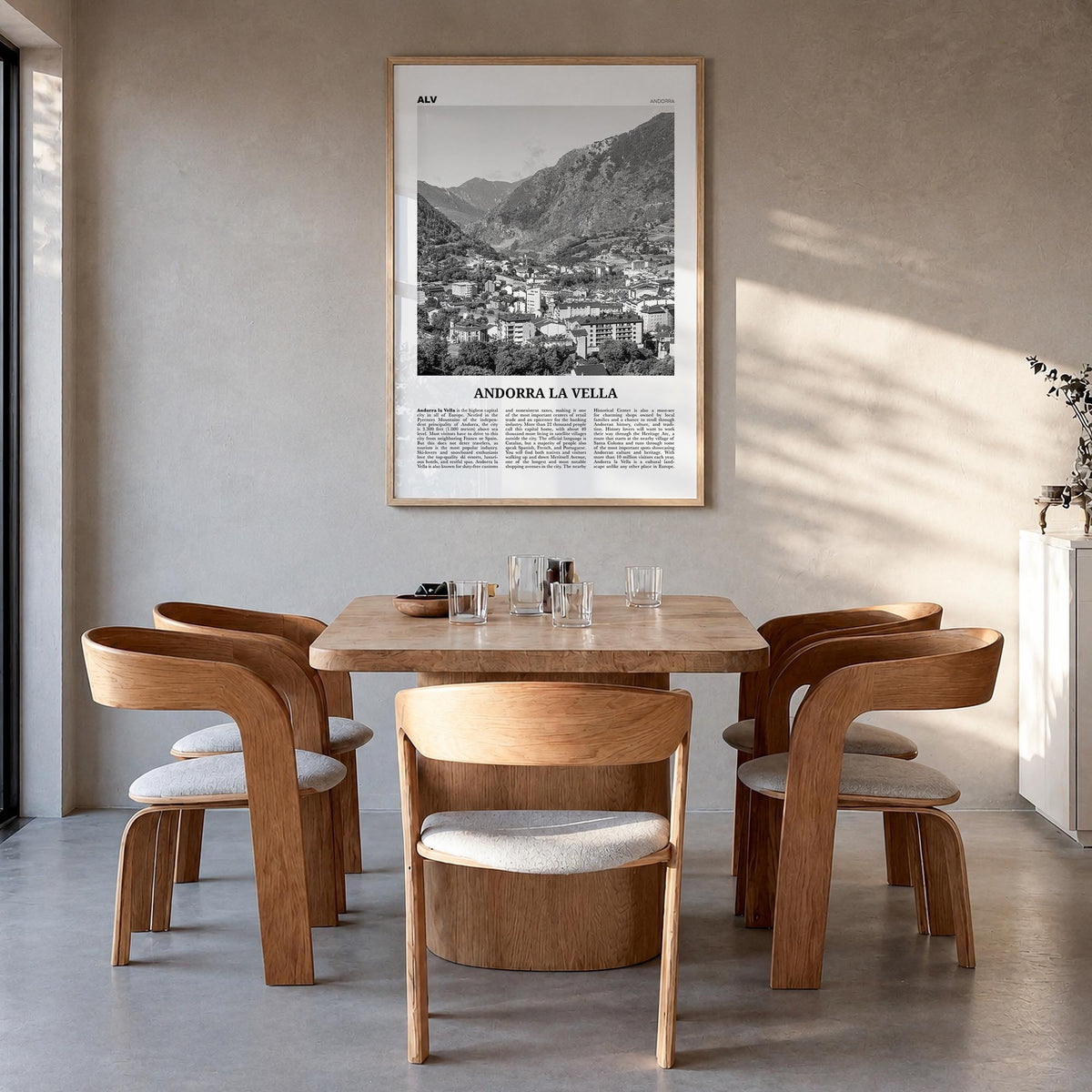 Andorra la Vella black & white newspaper poster of Andorra – vertical wall art in natural wood frame, hanging on wall