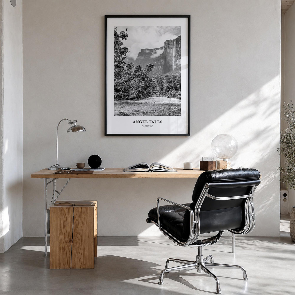 Angel Falls black & white classic poster of Venezuela – vertical wall art in black wood frame, hanging on wall