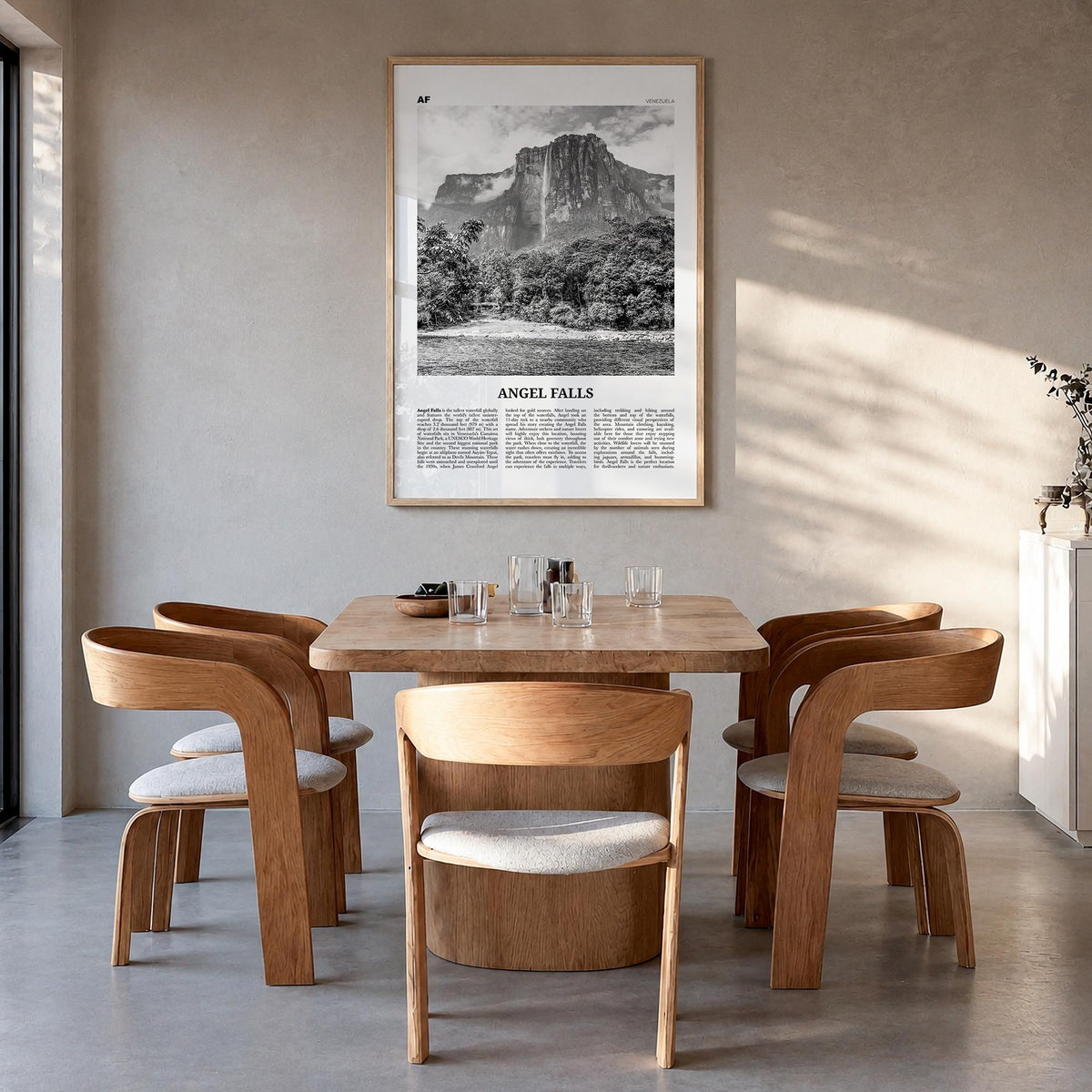 Angel Falls black & white newspaper poster of Venezuela – vertical wall art in natural wood frame, hanging on wall