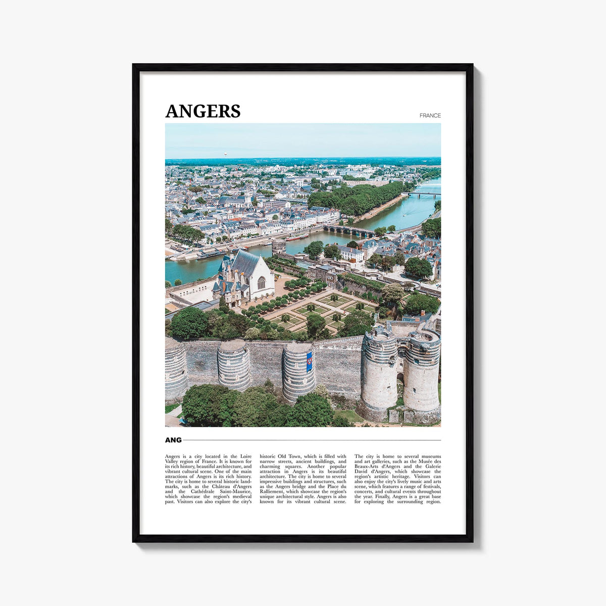 Angers colorful travel poster of France – vertical wall art, unframed print shown in interior mockup