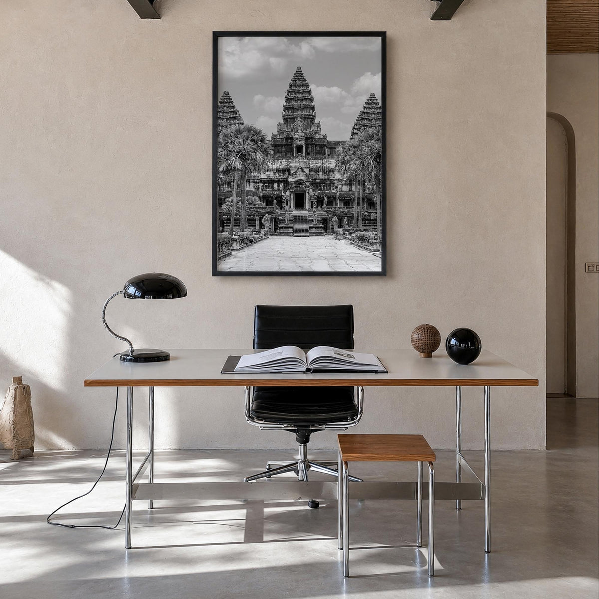 Angkor black & white photo poster of Cambodia – vertical wall art in black wood frame, hanging on wall