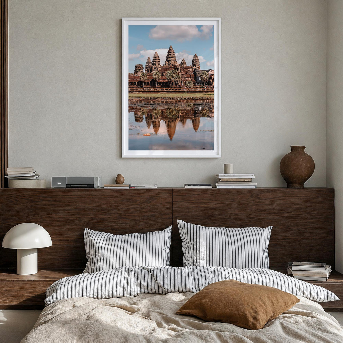 Angkor colorful photo poster of Cambodia – vertical wall art in white wood frame with white border, hanging on wall