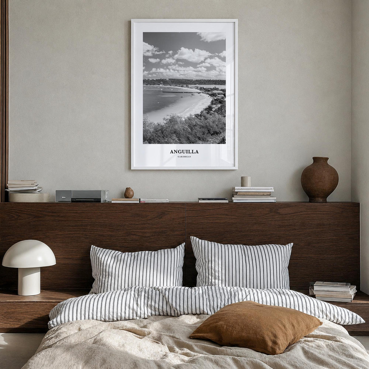 Anguilla black & white classic poster of Caribbean – vertical wall art in white wood frame, hanging on wall