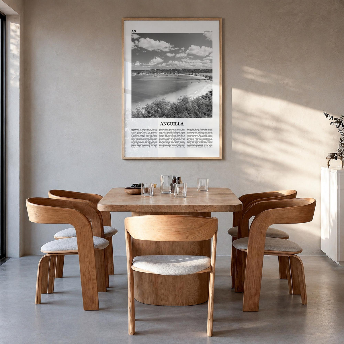 Anguilla black & white newspaper poster of Caribbean – vertical wall art in natural wood frame, hanging on wall
