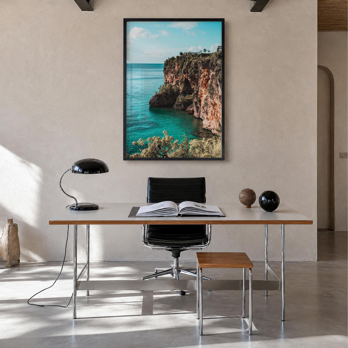 Anguilla colorful photo poster of Caribbean – vertical wall art in black wood frame, hanging on wall