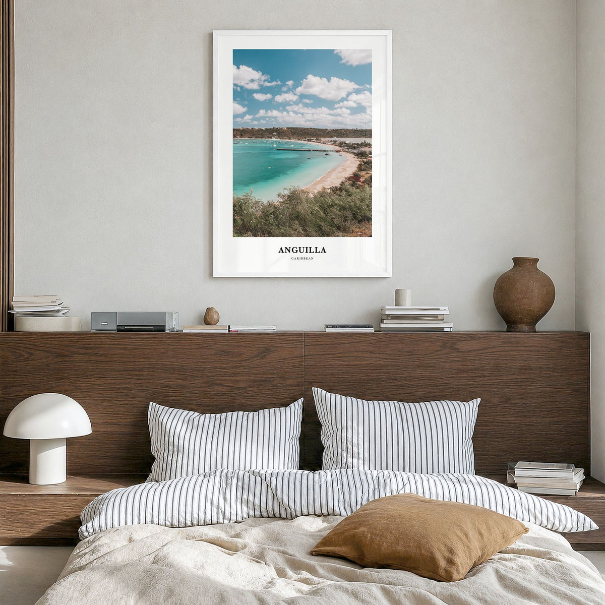 Anguilla Classic Poster in a white wood frame, hanging in a bedroom