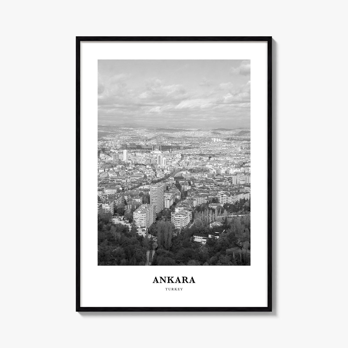 Ankara black & white classic poster of Türkiye – vertical wall art, unframed print shown in interior mockup