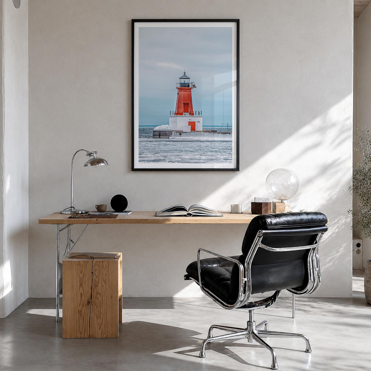 Ann Arbor colorful photo poster of Michigan, USA – vertical wall art in black wood frame with white border, hanging on wall