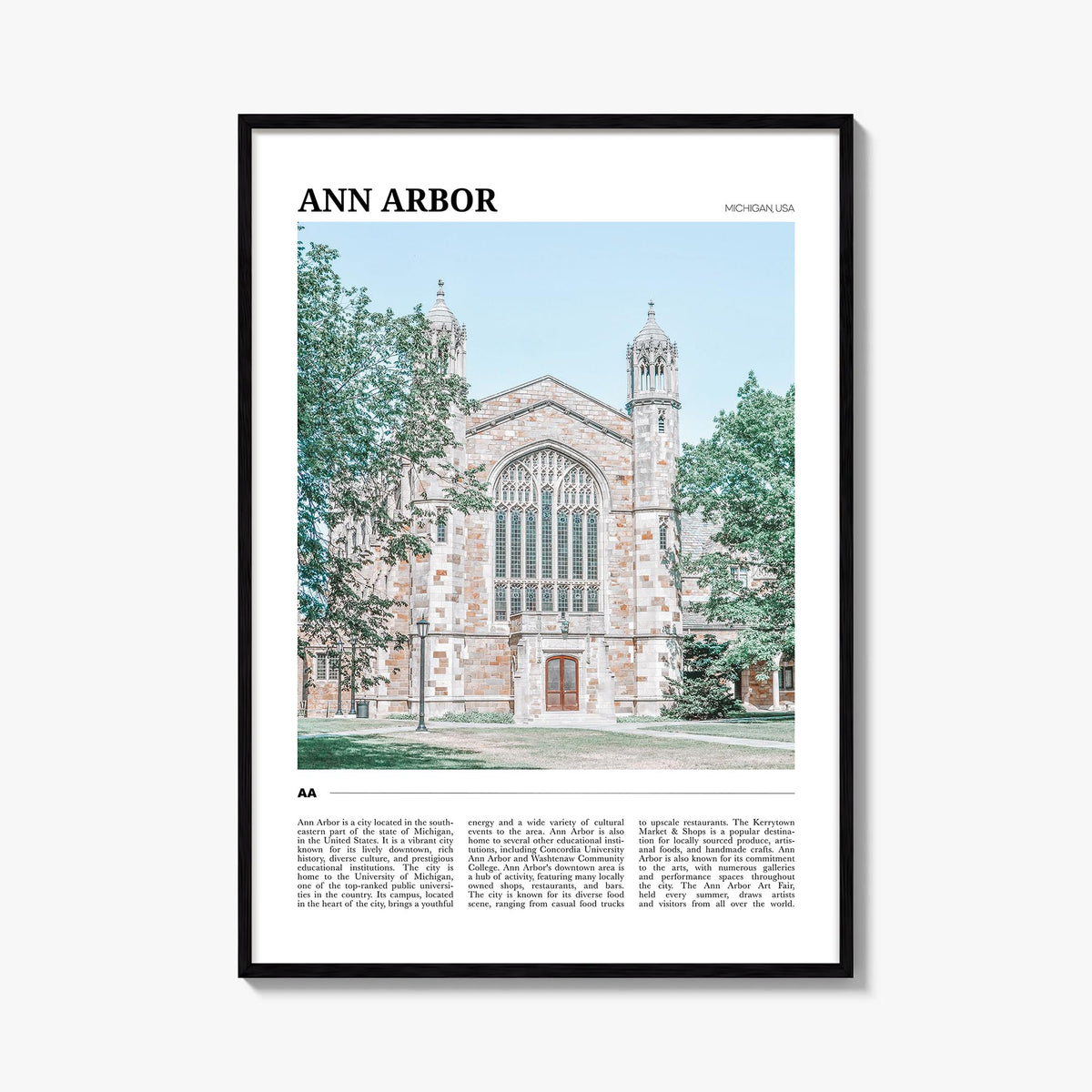 Ann Arbor colorful travel poster of Michigan, USA – vertical wall art, unframed print shown in interior mockup