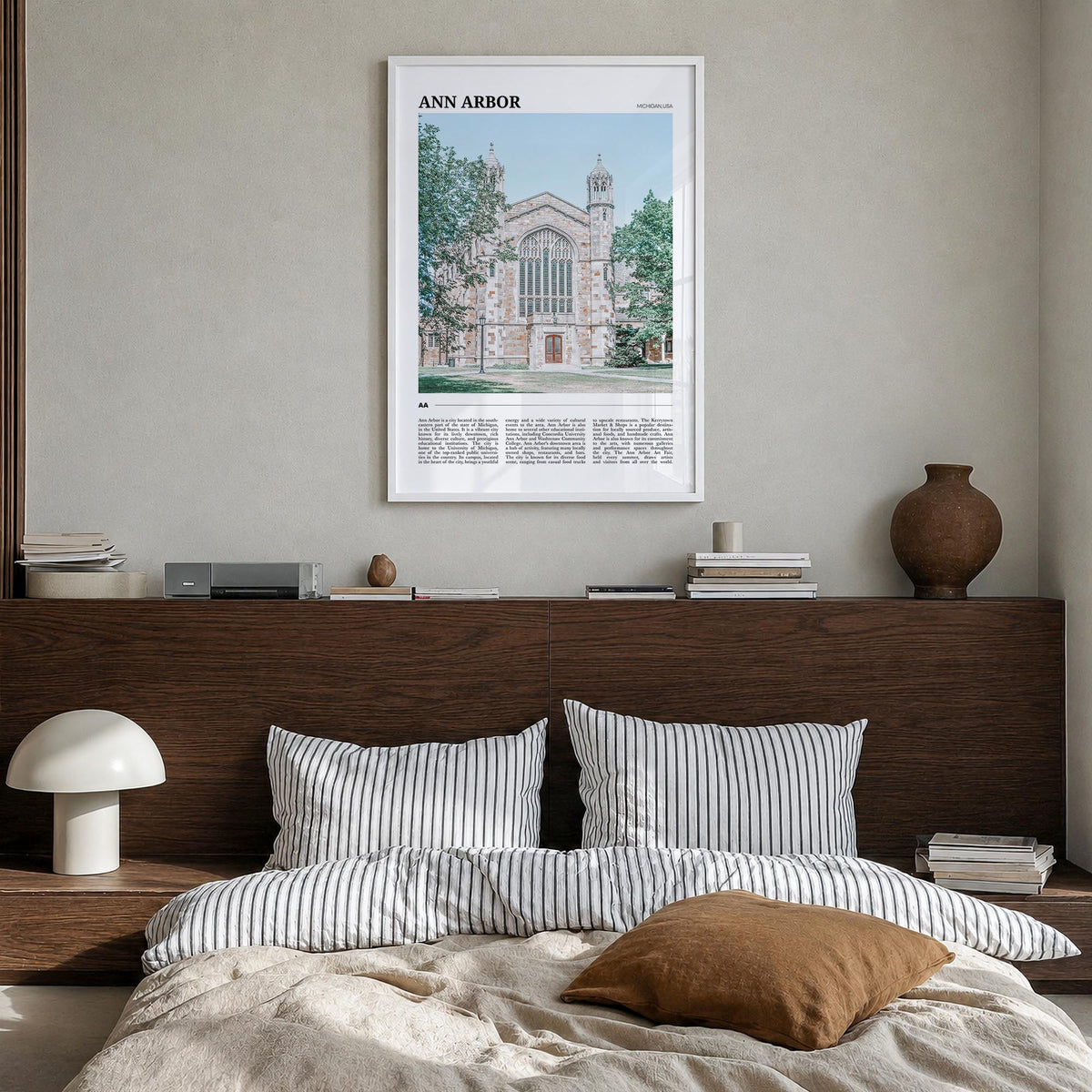 Ann Arbor colorful travel poster of Michigan, USA – vertical wall art in white wood frame, hanging on wall