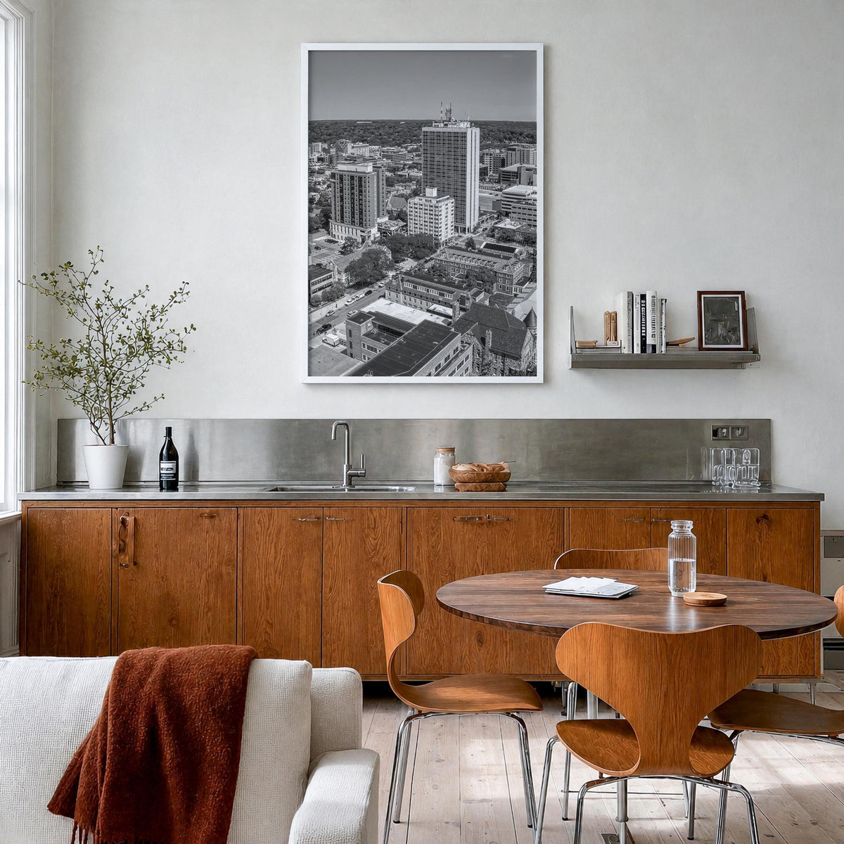 Ann Arbor no. 1 black & white photo poster of Michigan, USA – vertical wall art in white wood frame, hanging on wall