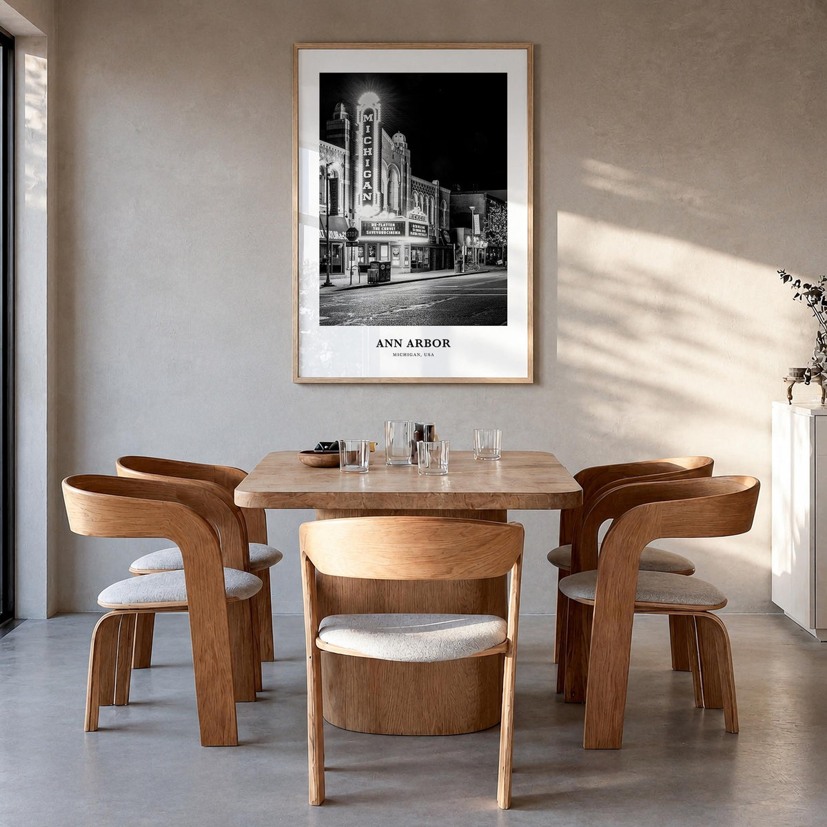 Ann Arbor no. 2 black & white classic poster of Michigan, USA – vertical wall art in natural wood frame, hanging on wall