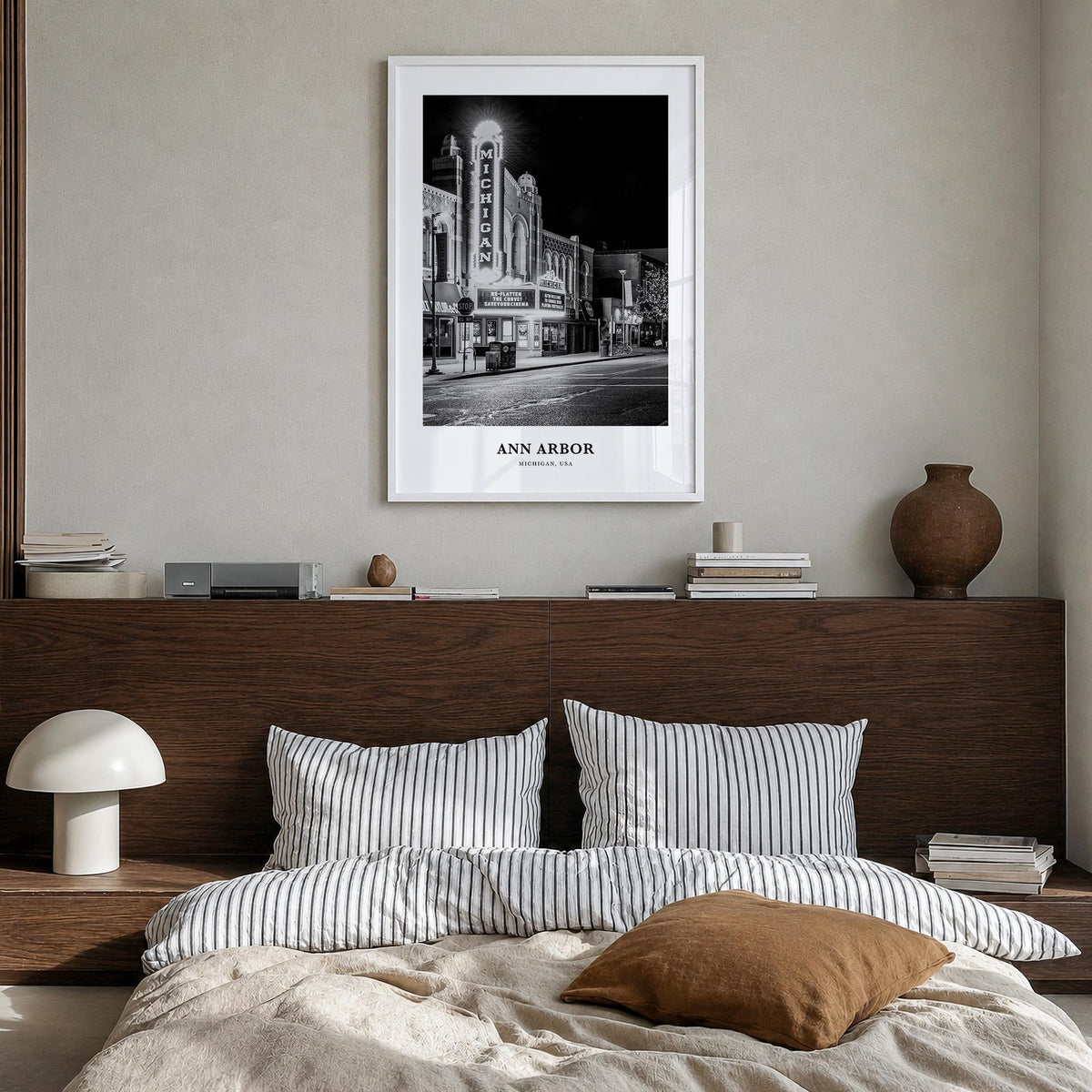 Ann Arbor no. 2 black & white classic poster of Michigan, USA – vertical wall art in white wood frame, hanging on wall
