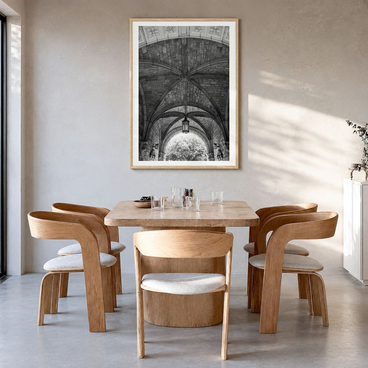 Ann Arbor Photo No 3 Poster in a natural wood frame, hanging in a dining room, white border