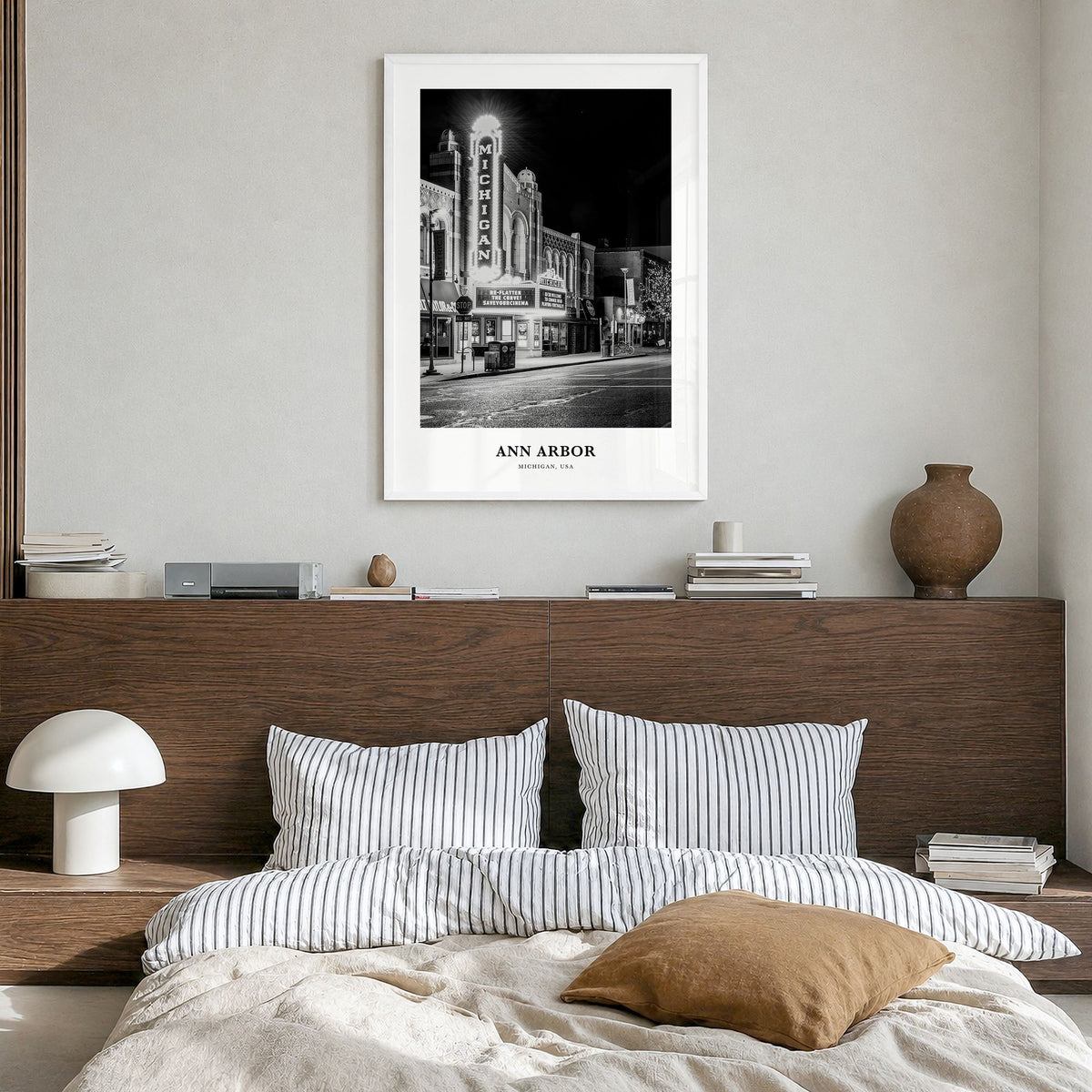 Ann Arbor Classic No 2 Poster in a white wood frame, hanging in a bedroom