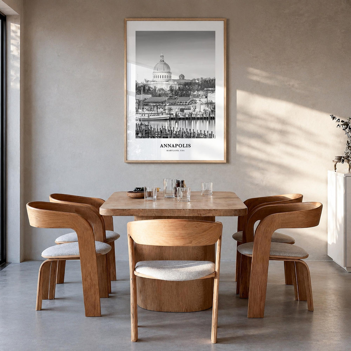 Annapolis no. 1 black & white classic poster of Maryland, USA – vertical wall art in natural wood frame, hanging on wall