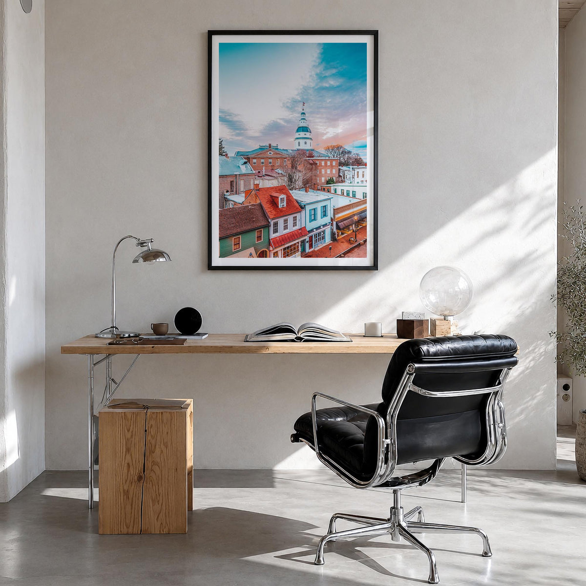 Annapolis no. 1 colorful photo poster of Maryland, USA – vertical wall art in black wood frame with white border, hanging on