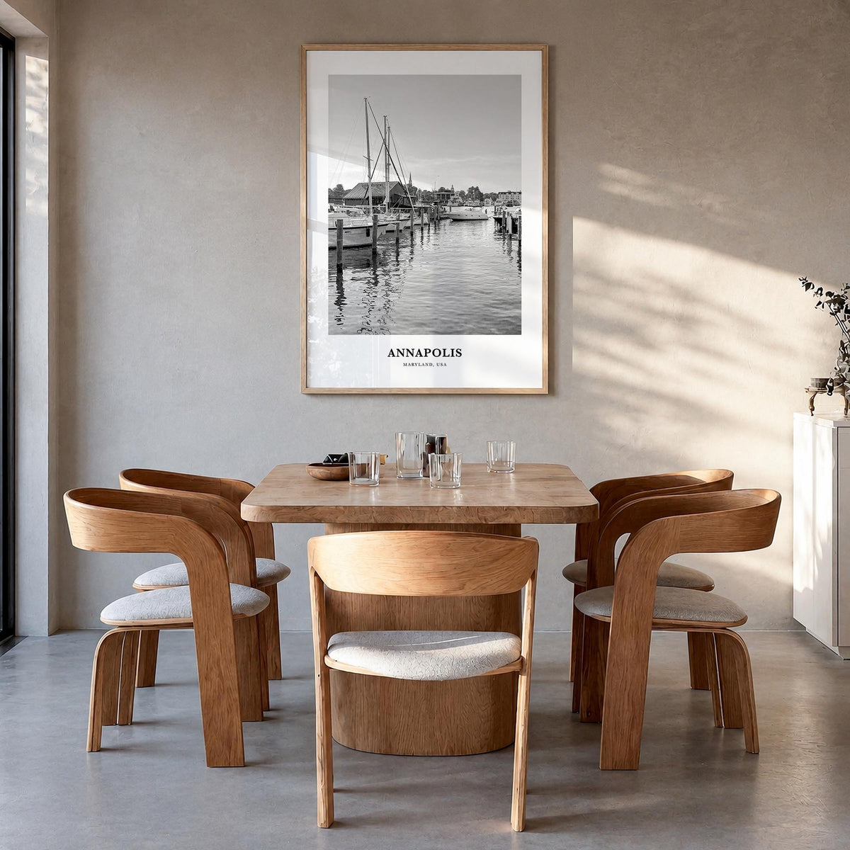 Annapolis no. 2 black & white classic poster of Maryland, USA – vertical wall art in natural wood frame, hanging on wall