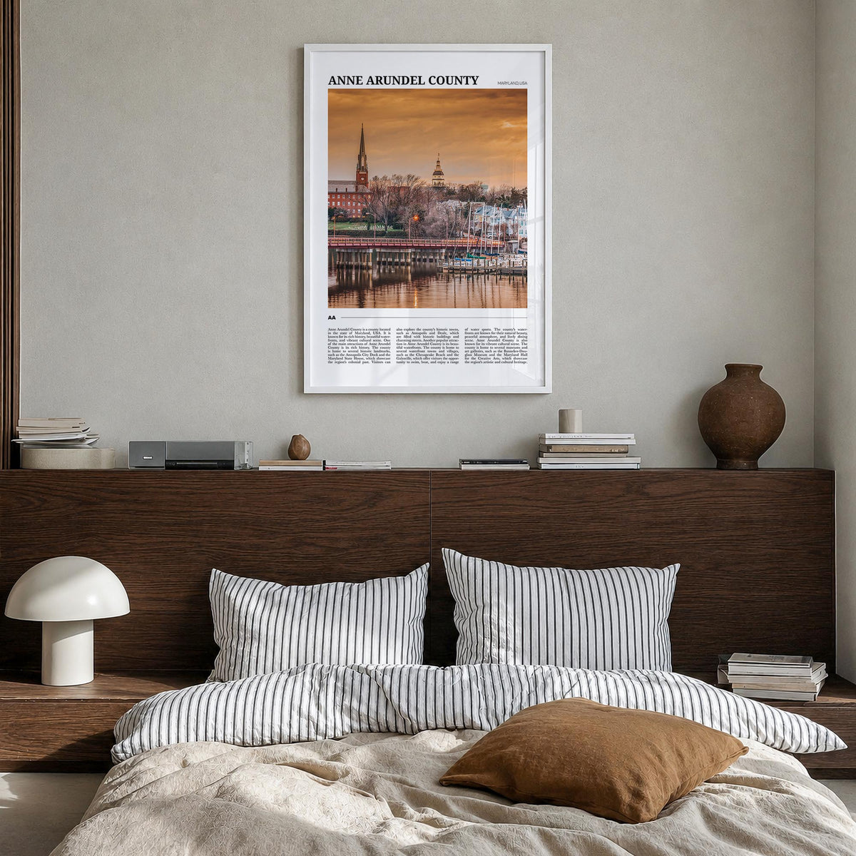 Anne Arundel County colorful travel poster of Maryland, USA – vertical wall art in white wood frame, hanging on wall