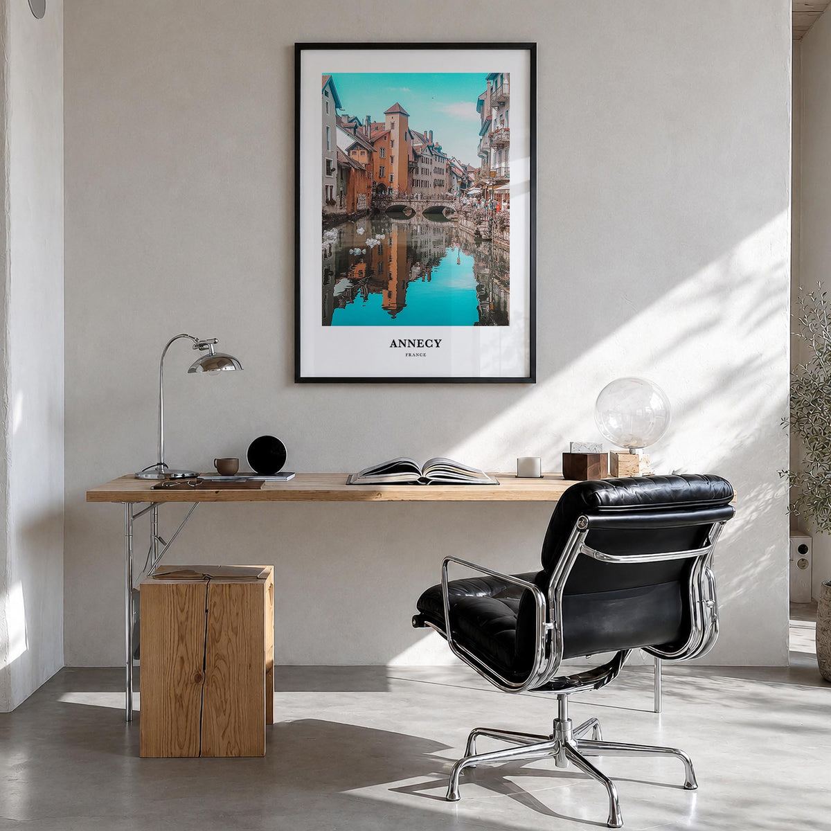 Annecy colorful classic poster of France – vertical wall art in black wood frame, hanging on wall