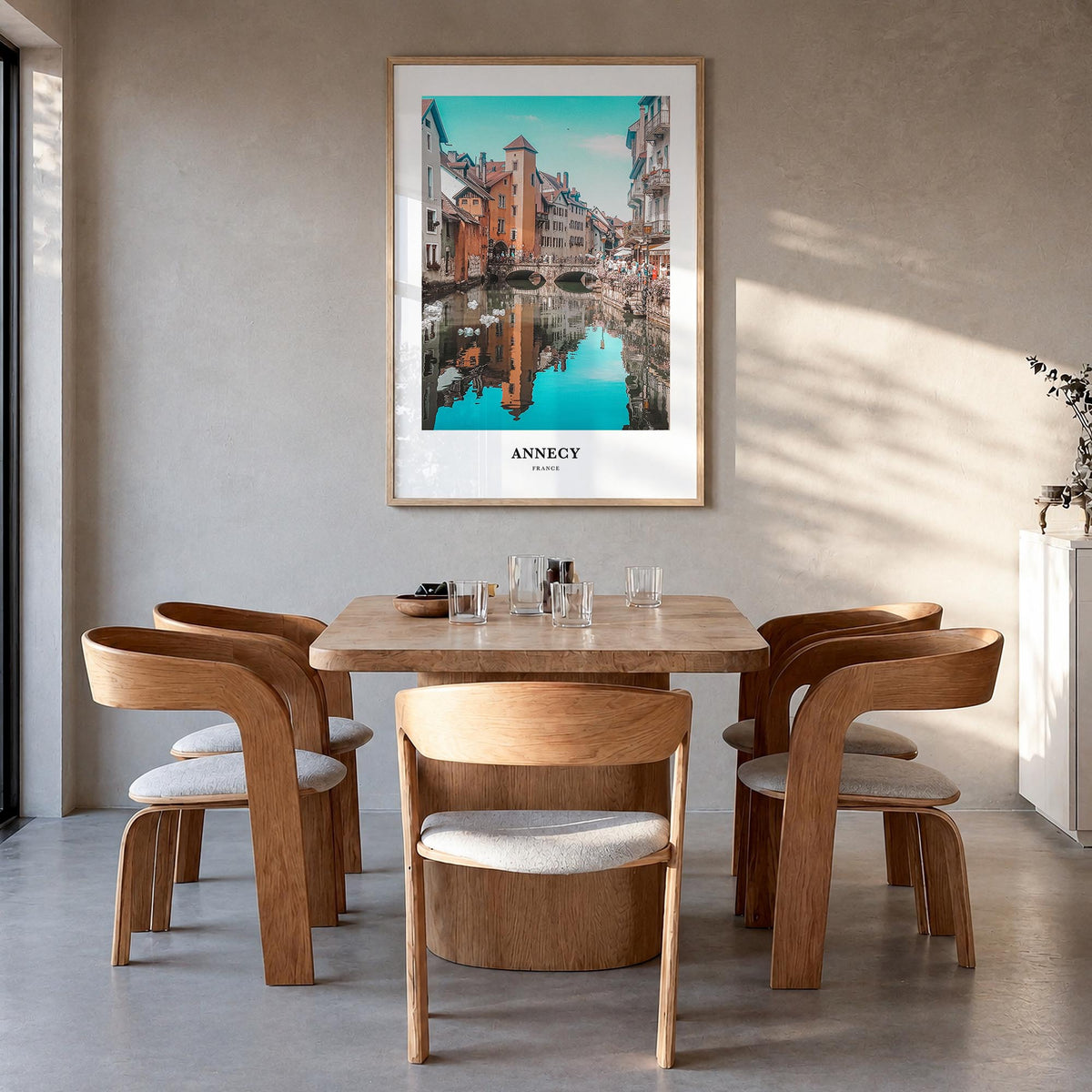 Annecy colorful classic poster of France – vertical wall art in natural wood frame, hanging on wall