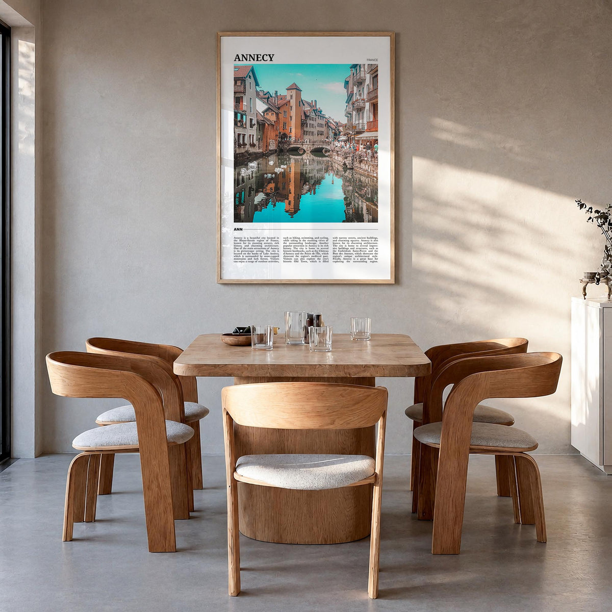 Annecy colorful travel poster of France – vertical wall art in natural wood frame, hanging on wall