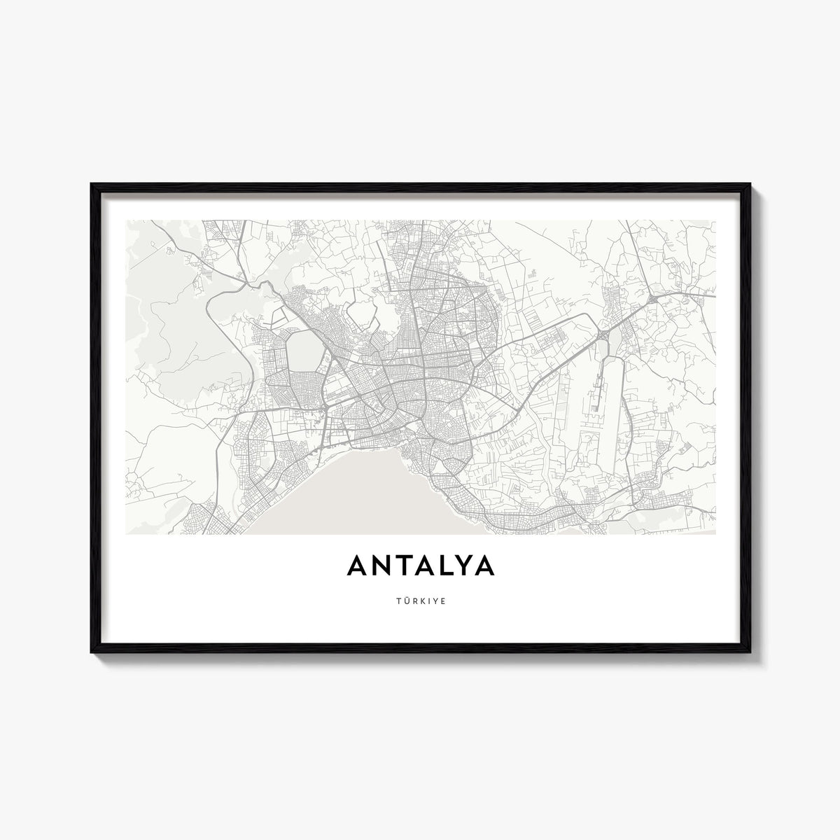 Antalya black & white map poster of Türkiye – horizontal wall art, unframed print shown in interior mockup