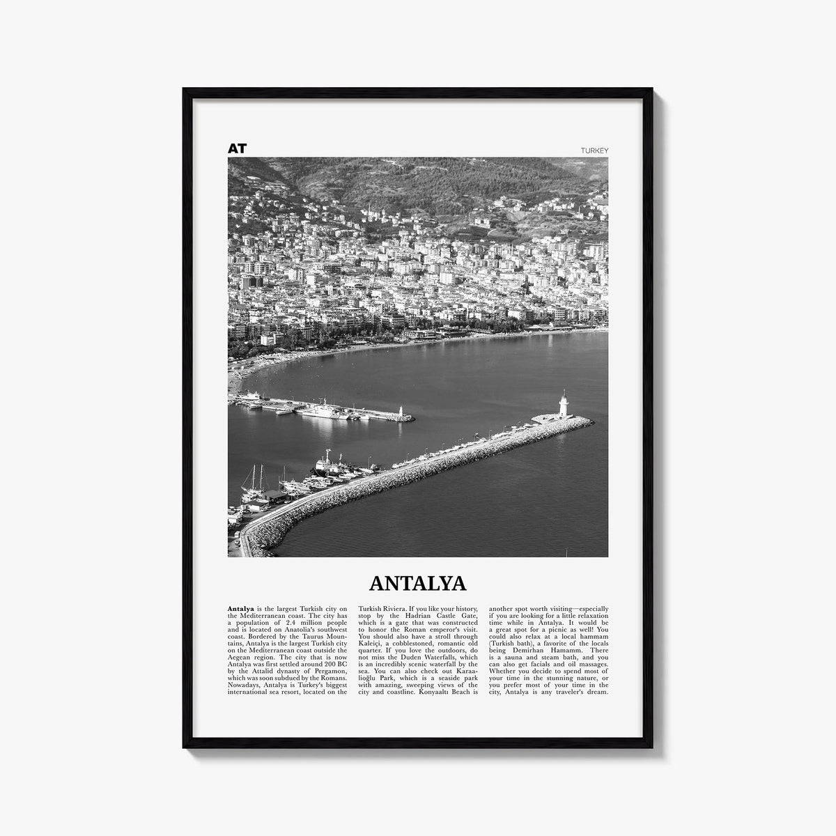 Antalya black & white newspaper poster of Türkiye – vertical wall art, unframed print shown in interior mockup