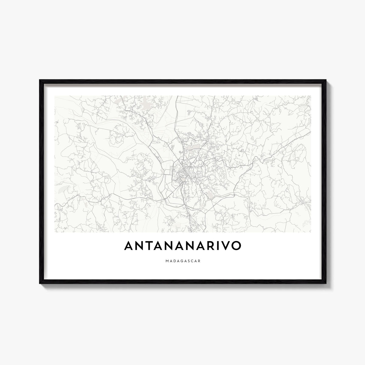 Antananarivo black & white map poster of Madagascar – horizontal wall art, unframed print shown in interior mockup
