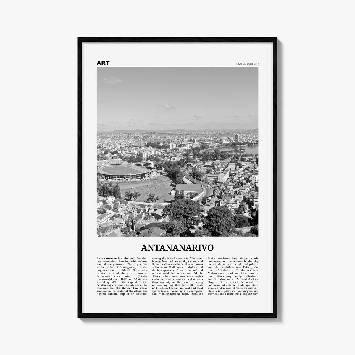 Antananarivo black & white newspaper poster of Madagascar – vertical wall art, unframed print shown in interior mockup
