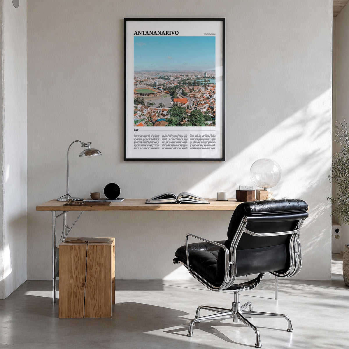 Antananarivo colorful travel poster of Madagascar – vertical wall art in black wood frame, hanging on wall
