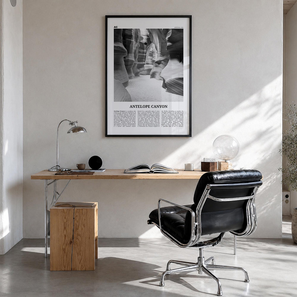Antelope Canyon black & white newspaper poster of Arizona, USA – vertical wall art in black wood frame, hanging on wall