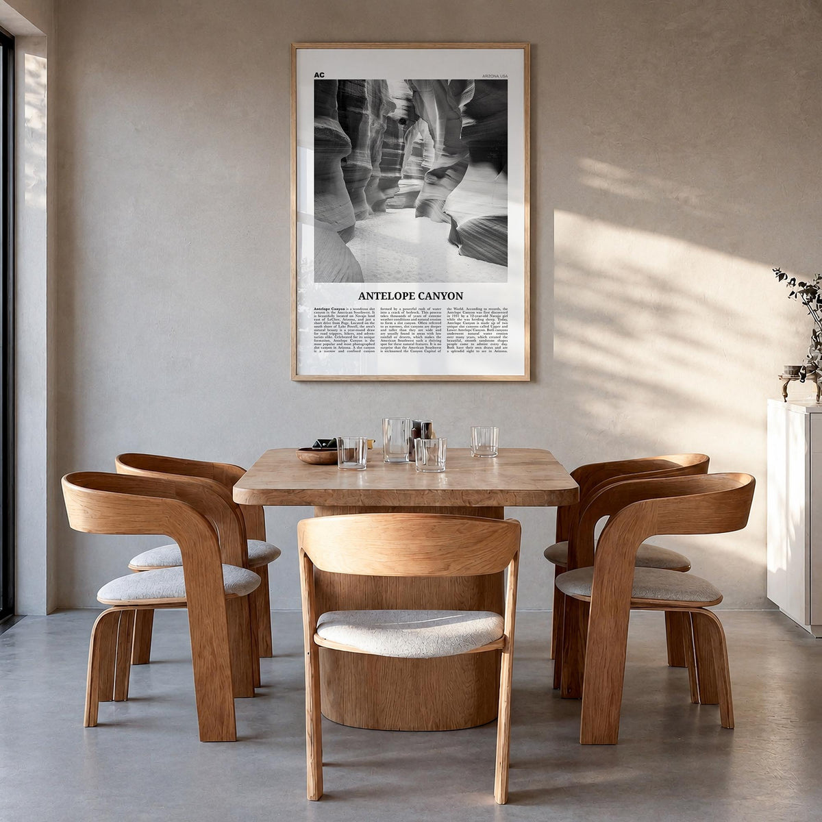 Antelope Canyon black & white newspaper poster of Arizona, USA – vertical wall art in natural wood frame, hanging on wall