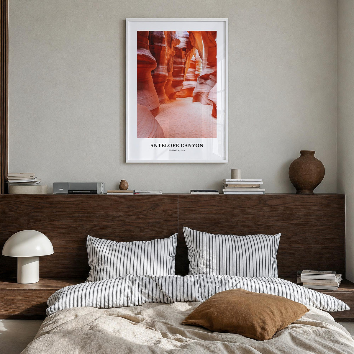 Antelope Canyon colorful classic poster of Arizona, USA – vertical wall art in white wood frame, hanging on wall