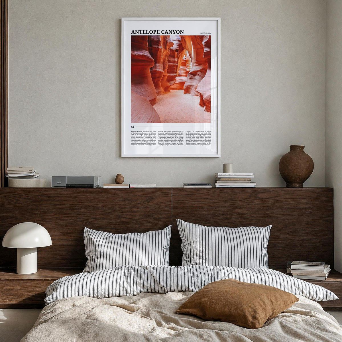 Antelope Canyon colorful travel poster of Arizona, USA – vertical wall art in white wood frame, hanging on wall