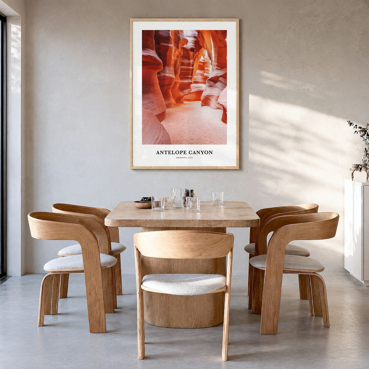 Antelope Canyon Classic Poster in a natural wood frame, hanging in a dining room