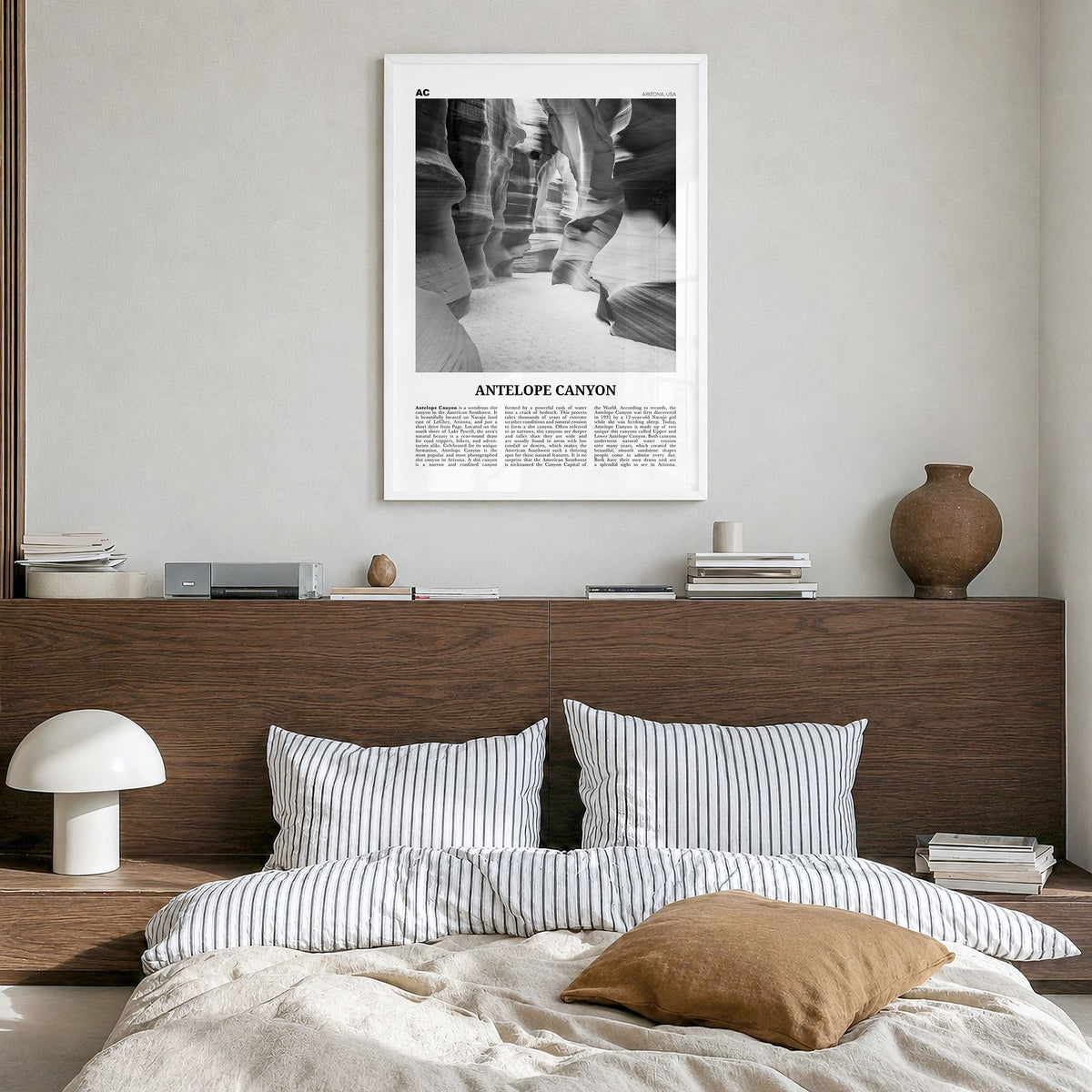Antelope Canyon Newspaper Poster in a white wood frame, hanging in a bedroom