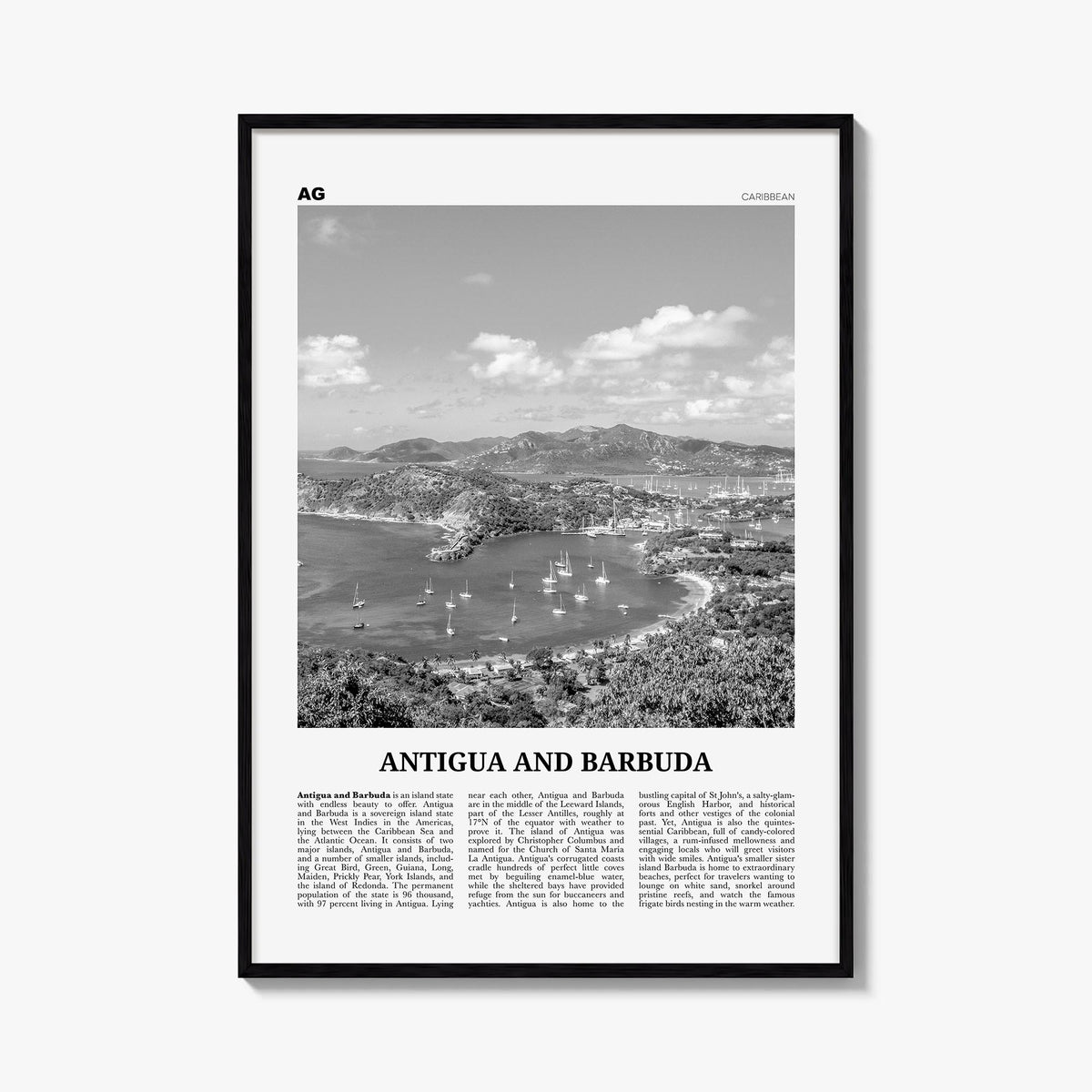 Antigua and Barbuda black & white newspaper poster of Caribbean – vertical wall art, unframed print shown in interior mockup