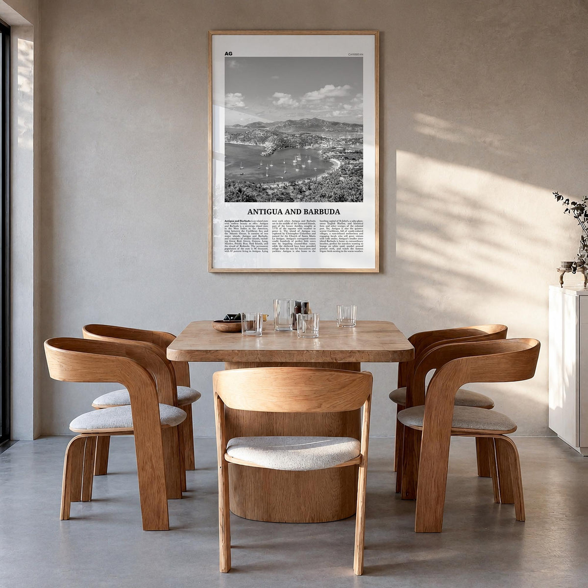 Antigua and Barbuda black & white newspaper poster of Caribbean – vertical wall art in natural wood frame, hanging on wall