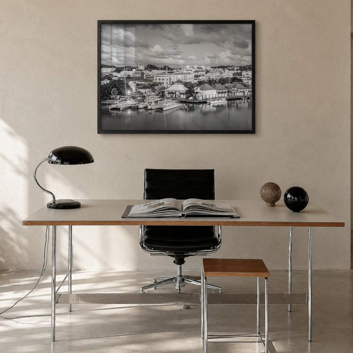 Antigua and Barbuda black & white photo poster of Caribbean – horizontal wall art in black wood frame, hanging on wall