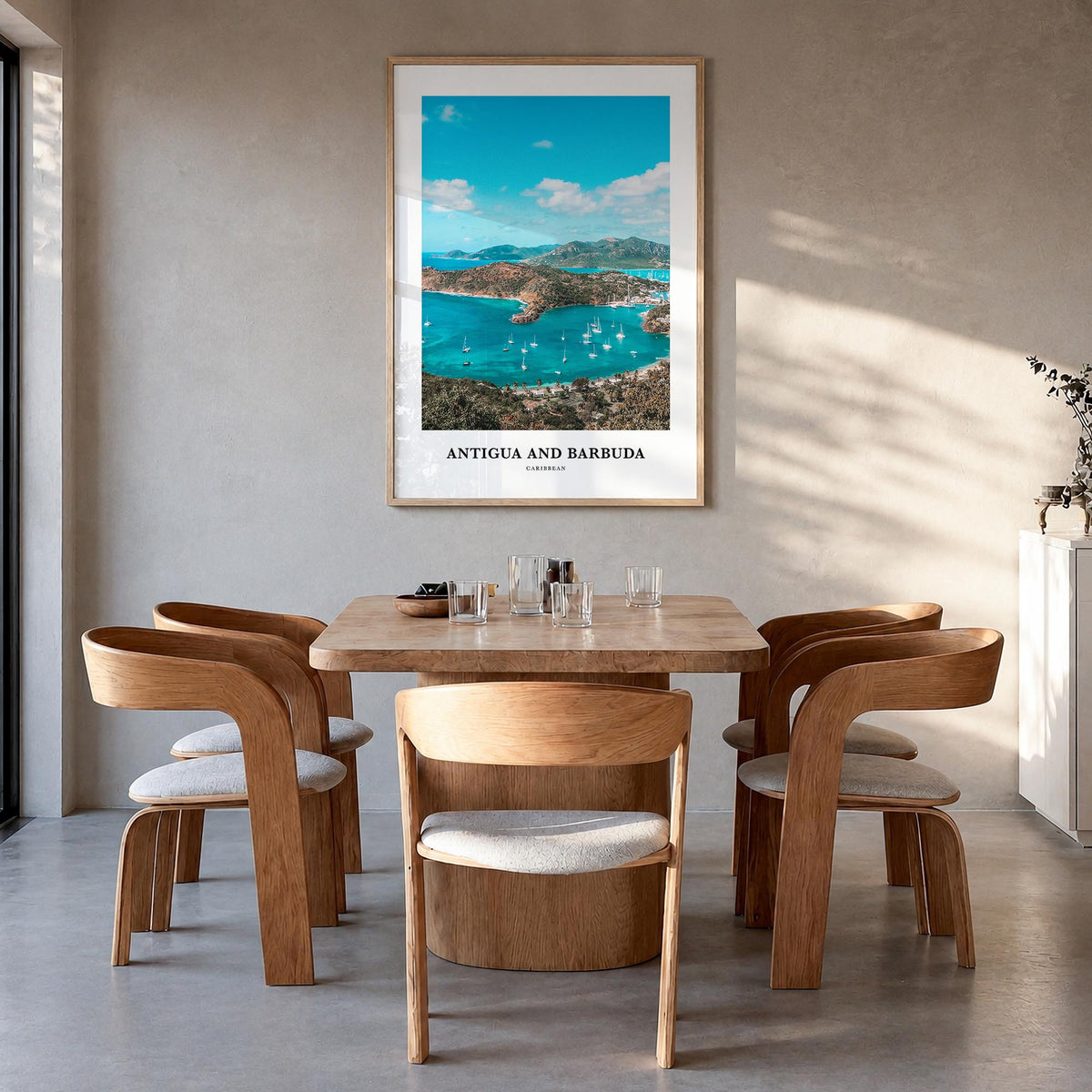 Antigua and Barbuda colorful classic poster of Caribbean – vertical wall art in natural wood frame, hanging on wall