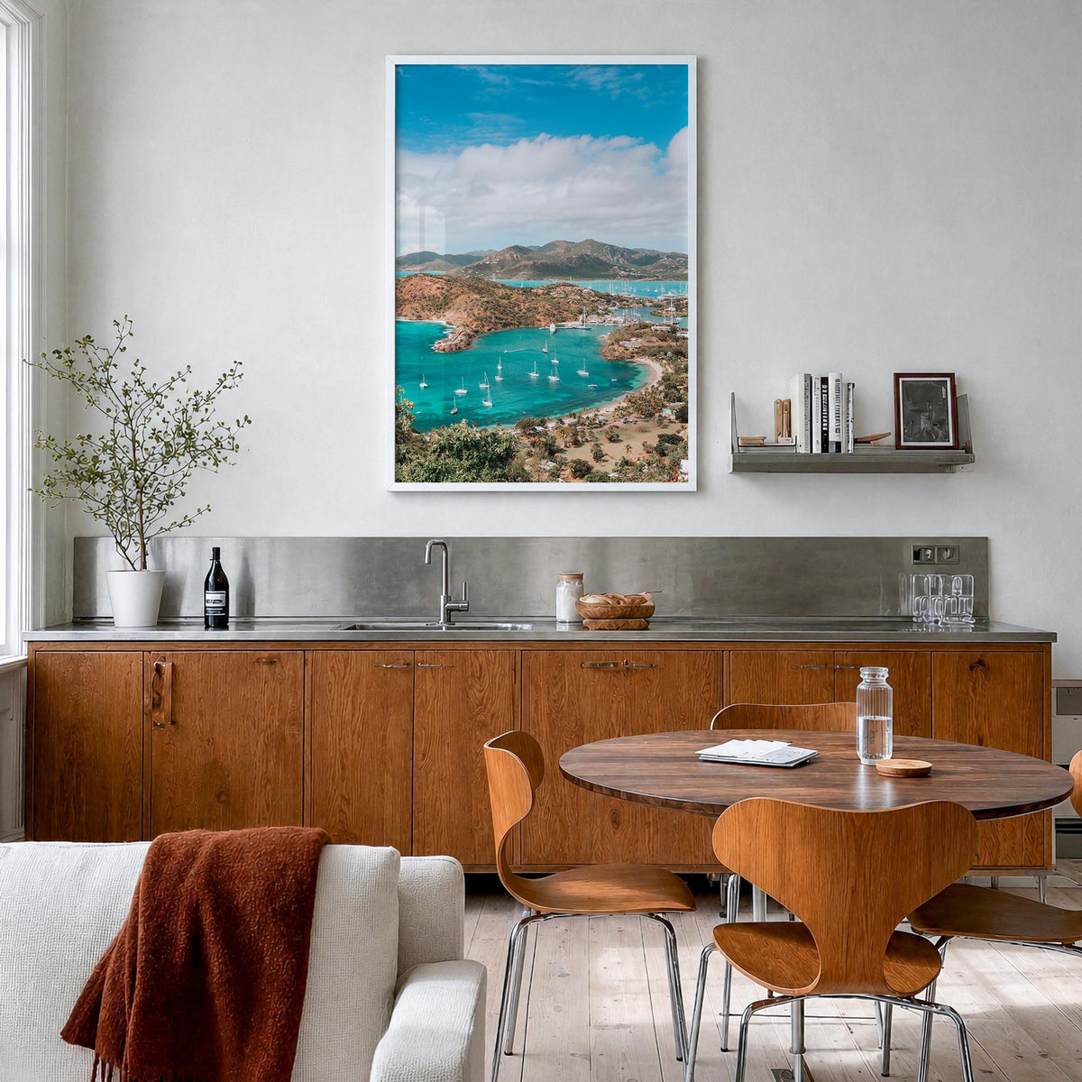 Antigua and Barbuda colorful photo poster of Caribbean – vertical wall art in white wood frame, hanging on wall